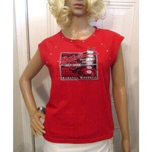 Harley Davidson T-Shirt Vintage Deadstock NWT Red Studded Sleeveless Top Size L